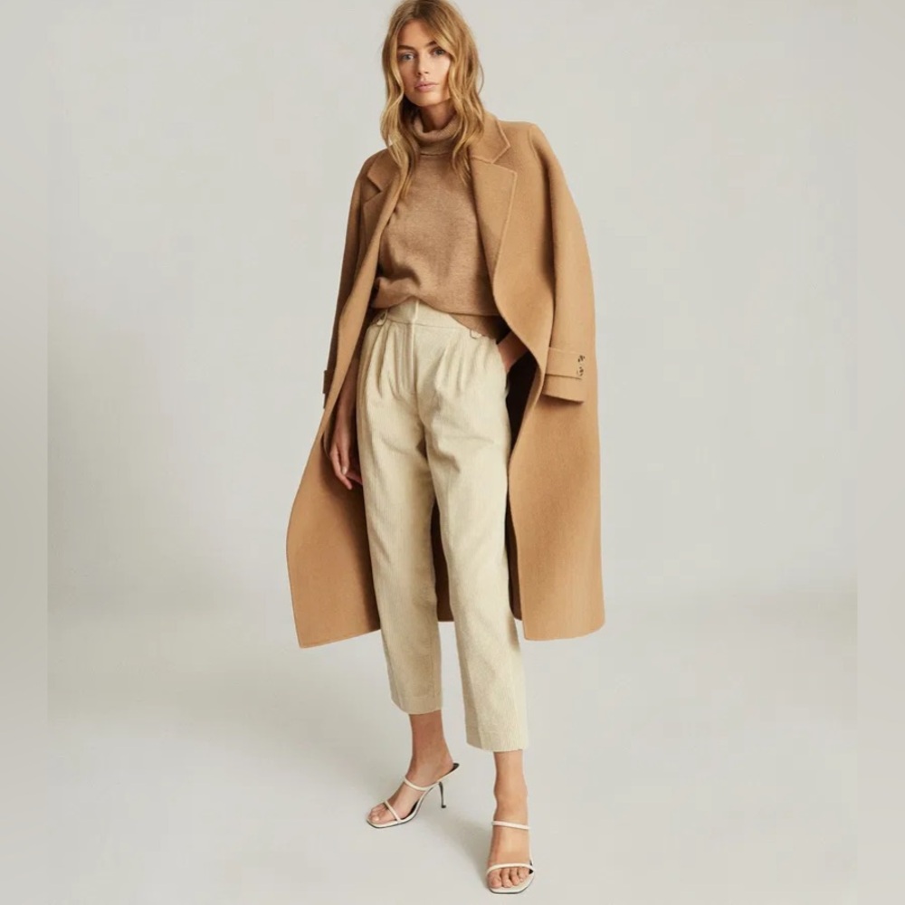 REISS Beige Cream High Waist Corduroy Tailored Pants US 10 UK Ankle Classic NWT